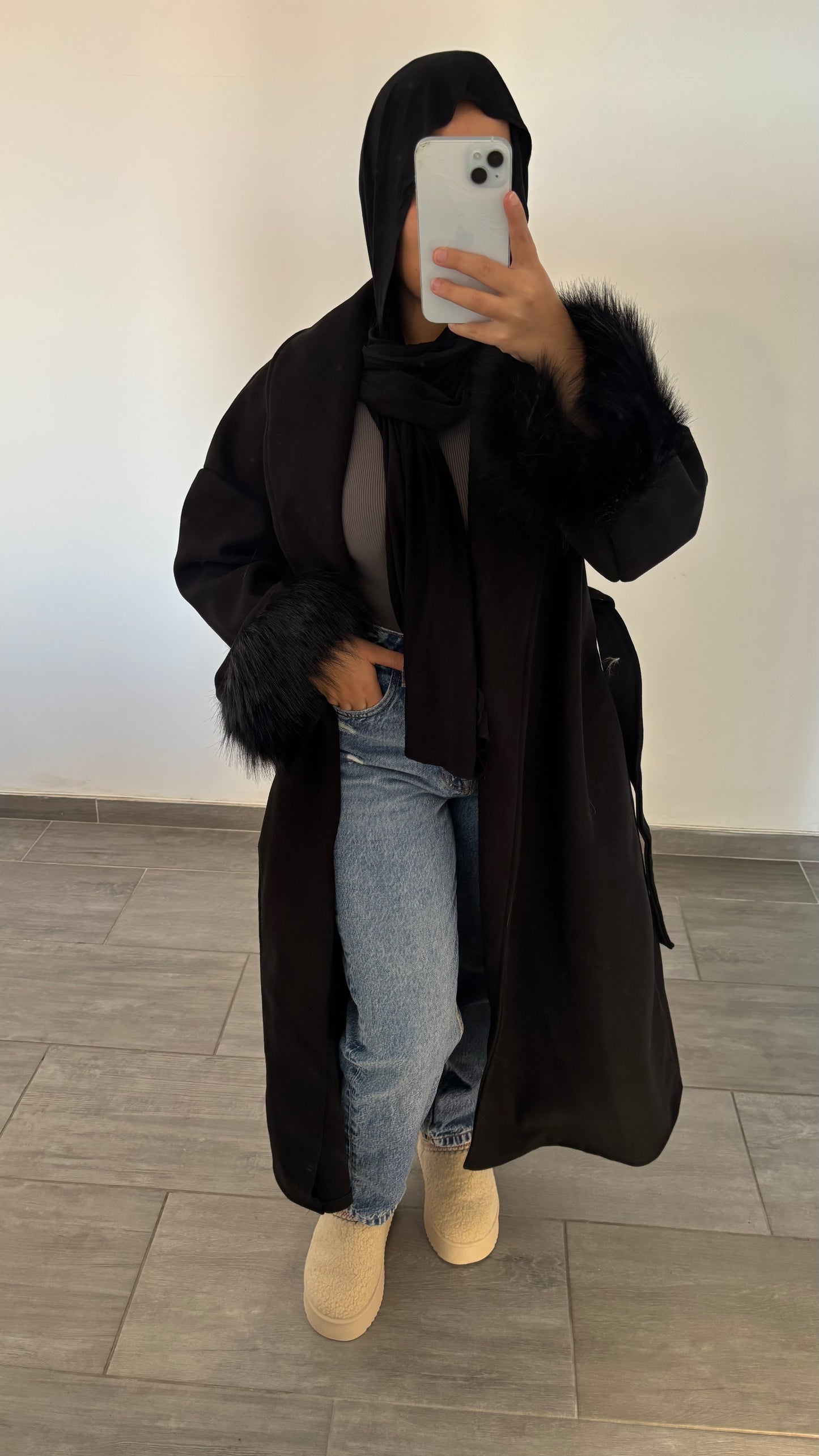 manteau long froufrou noir