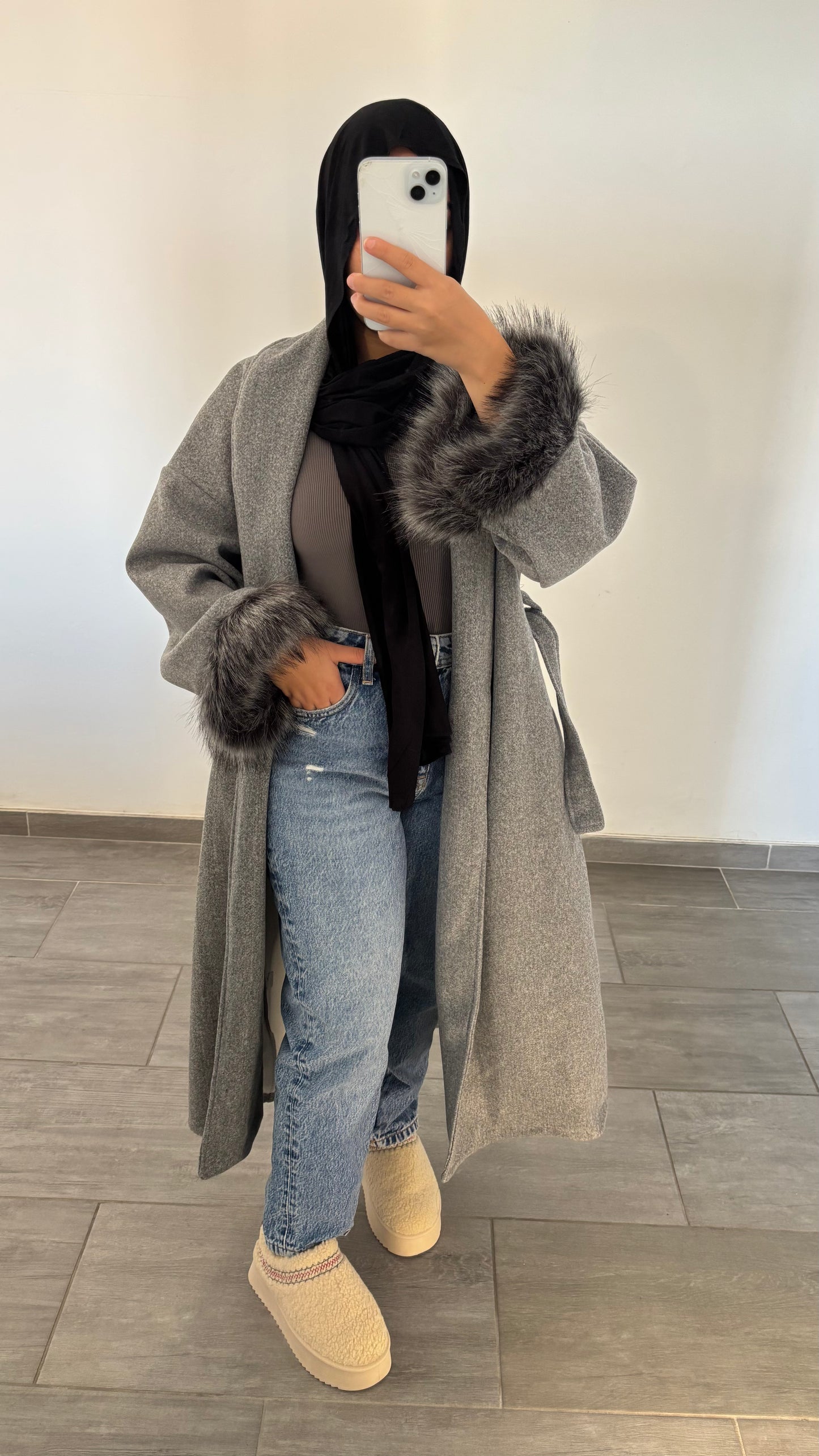 Manteau long froufrou gris