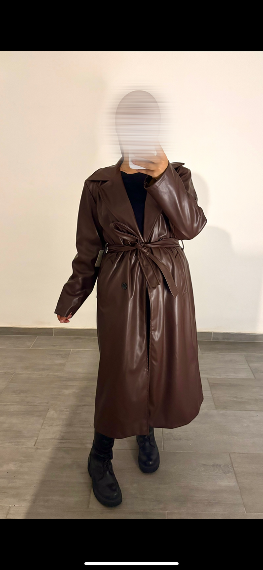 Trench matière cuir chocolat