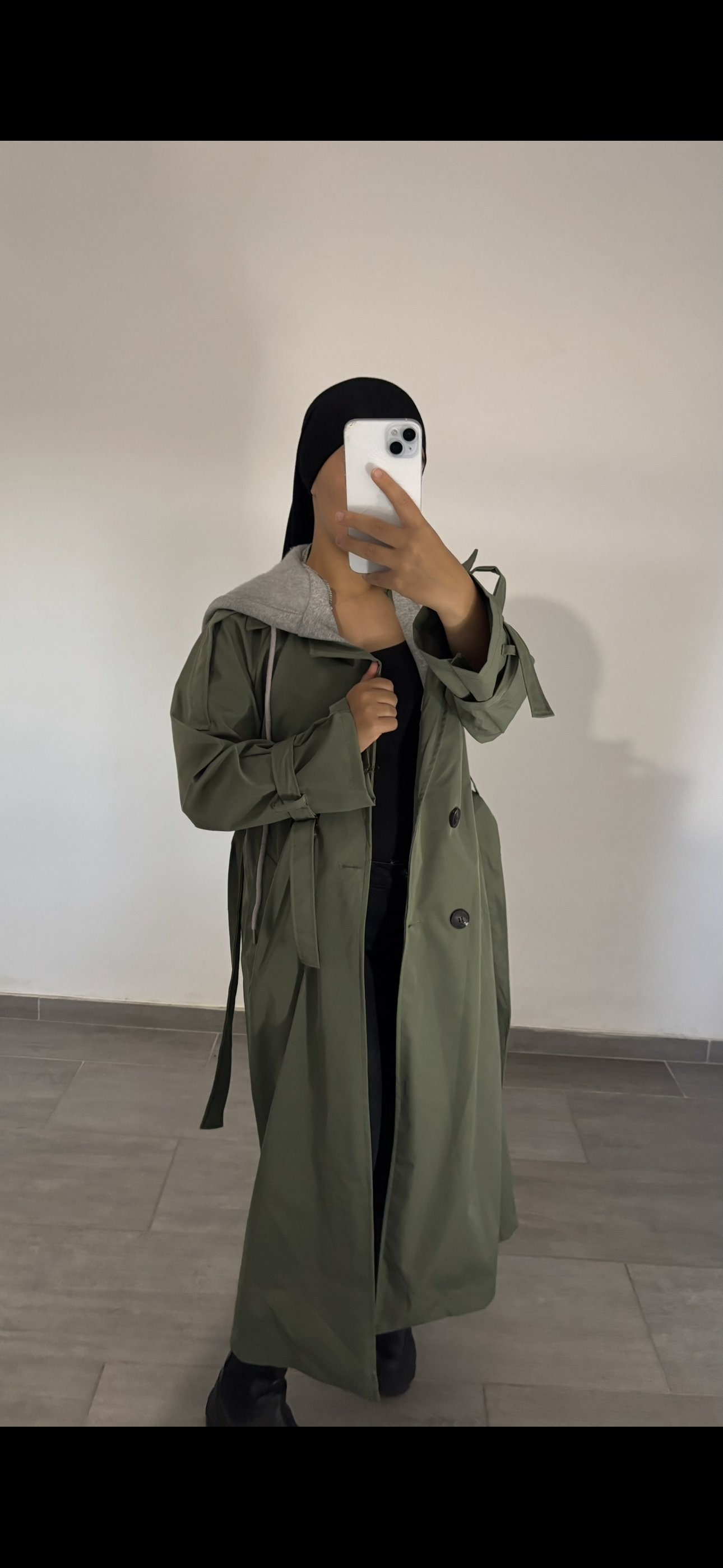 Trench long capuche integré kaki