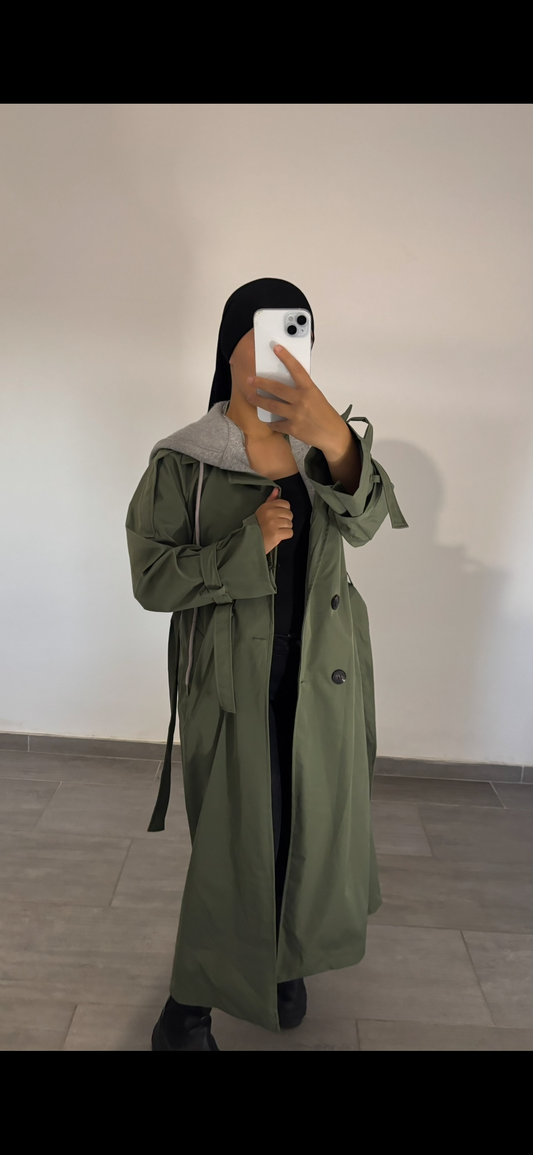 Trench long capuche integré kaki