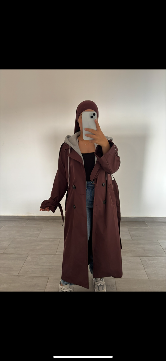 Trench long  capuche integré prune