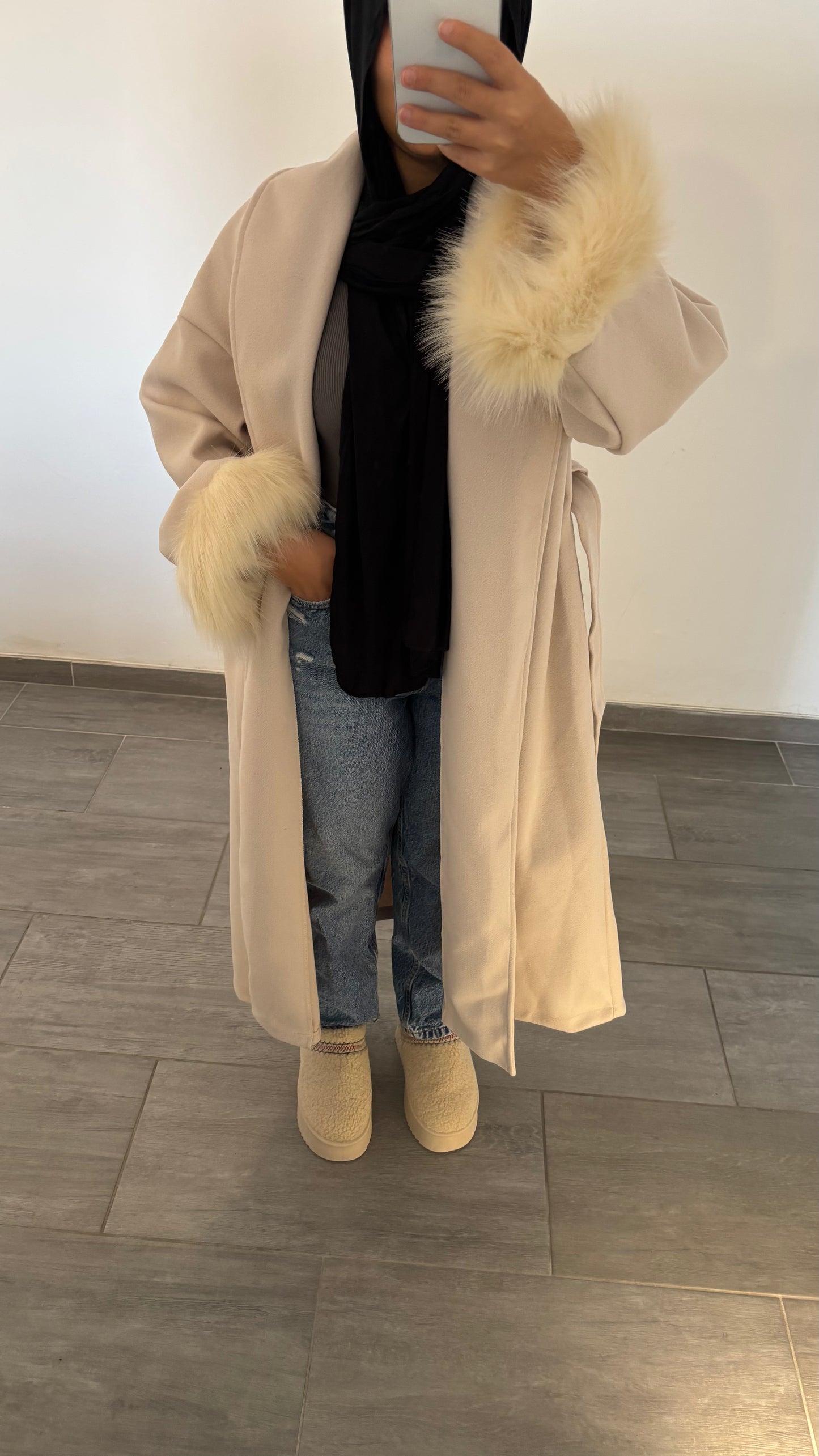 Manteau long froufrou beige